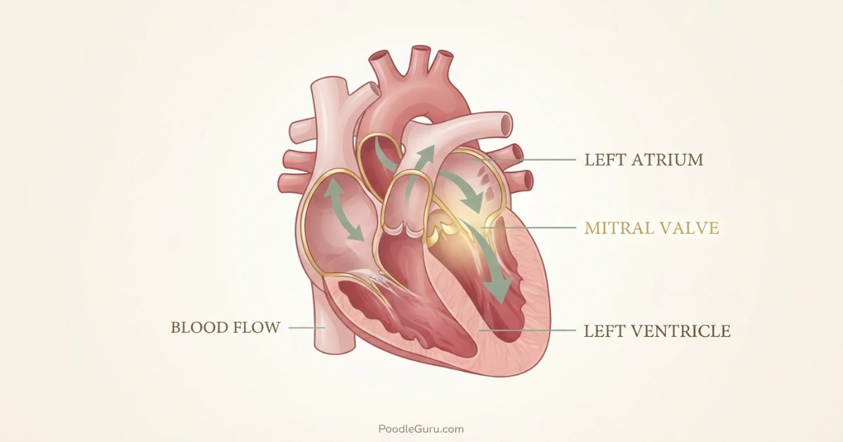 Dog heart anatomy diagram highlighting mitral valve location