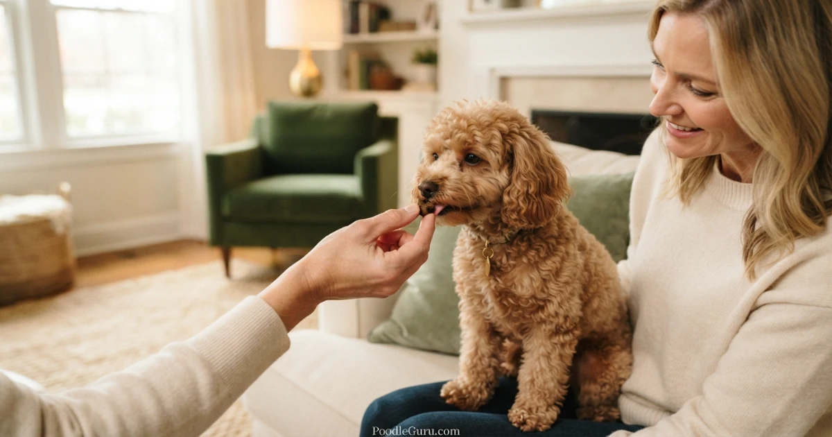 Miniature Poodle getting blood drawn for heartworm testing at veterinarian clinic