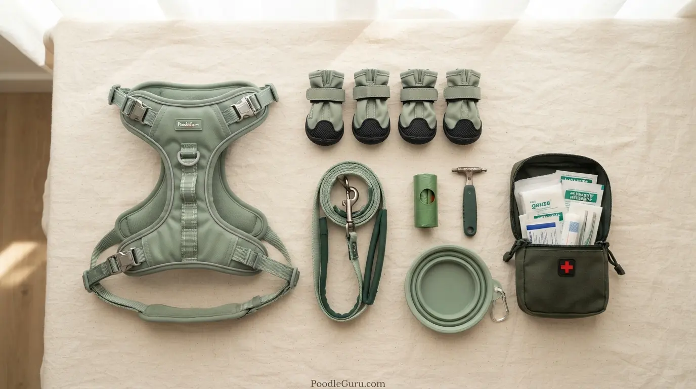Flat lay of essential hiking gear for poodles including harness, boots, bowl, and tick remover