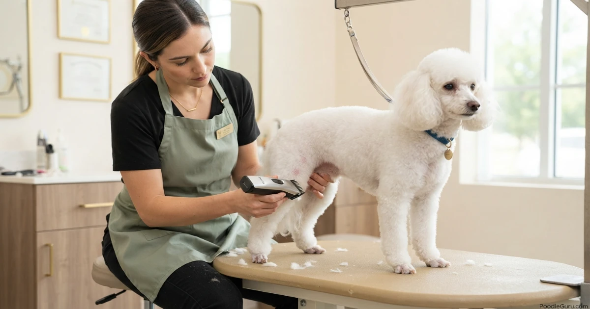 Professional groomer clipping a small area on a Toy Poodle's leg to expose a hot spot