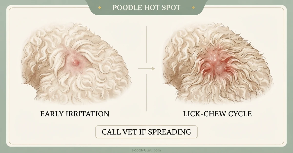Illustration showing how a poodle hot spot can enlarge from a small red dot to a large patch in hours