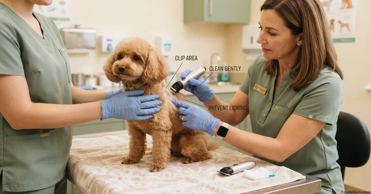 Veterinarian carefully clipping fur around a poodle's hot spot for treatment