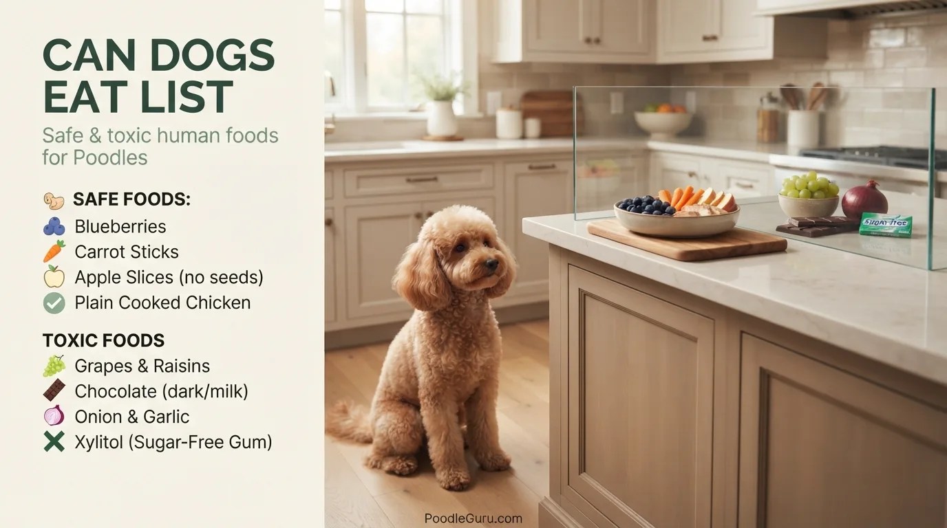 Can dogs eat list for Poodles showing safe foods and toxic foods kept separate