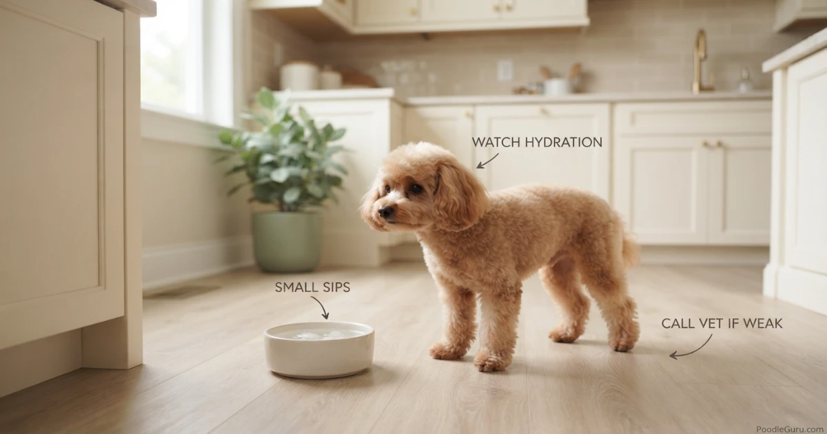 Toy Poodle drinking water with ice cubes — maintaining hydration is critical after poodle vomiting causes fluid loss