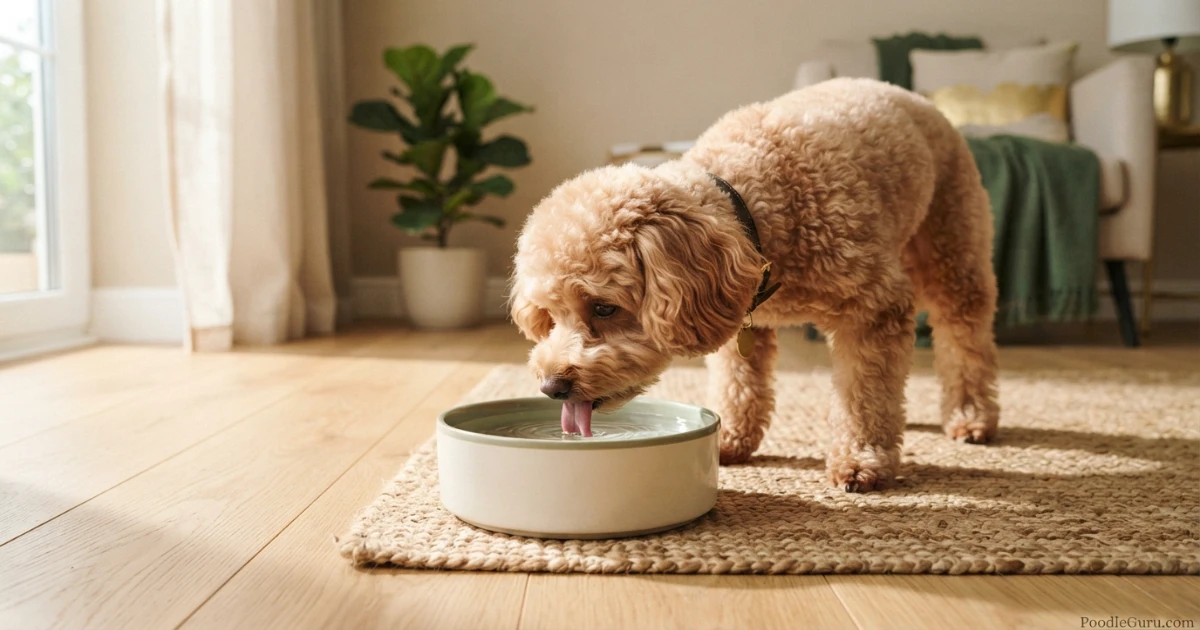 Toy Poodle drinking fresh water — consistent hydration is the most effective defence against poodle UTI symptoms