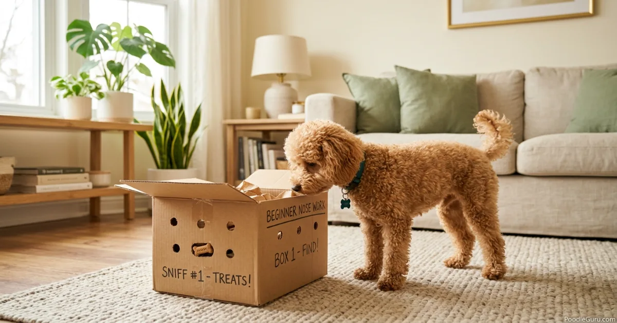 Toy Poodle practicing beginner poodle nose work training with cardboard boxes indoors