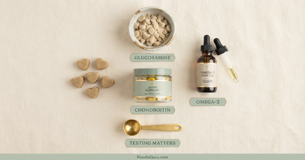 Generic dog joint supplement chews scoop and omega-3 capsules on a cream table