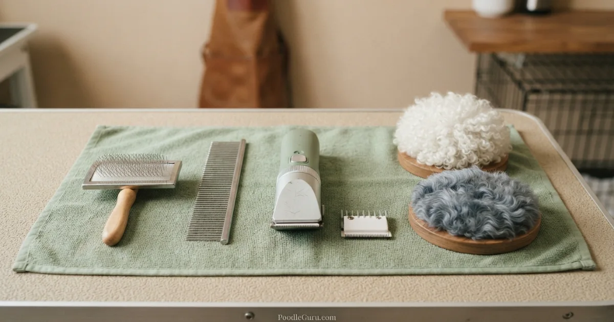Grooming tools and curly vs wavy coat sample, poodle and Kerry Blue Terrier grooming comparison