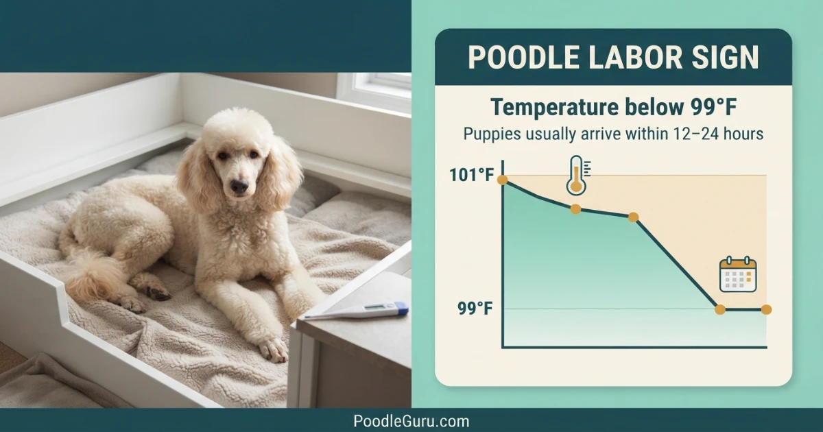 Chart showing a poodle's rectal temperature dropping below 99 degrees Fahrenheit signaling labor within 24 hours