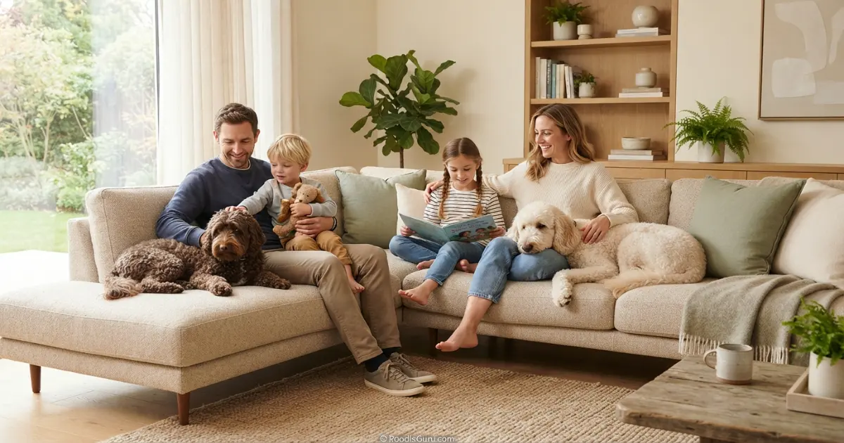 A Poodle and Labradoodle relaxing together in a bright family living room with natural light