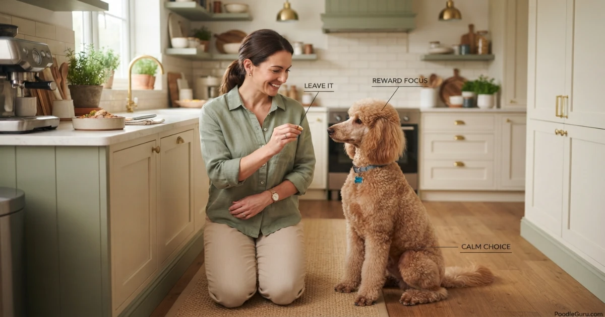 Poodle learning leave it cue near kitchen counter