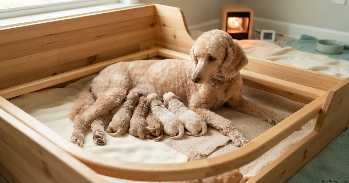 Newborn poodle puppies nursing in a whelping box shortly after delivery