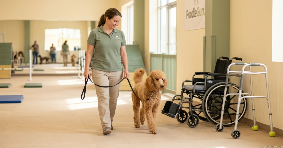 Standard Poodle walking calmly on a loose leash past a wheelchair and walker during therapy dog training