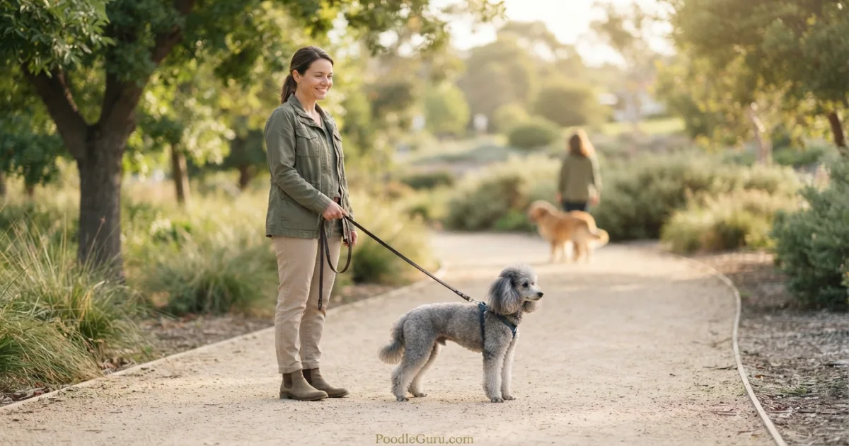 Miniature Poodle on a loose leash at a distance from another dog during a controlled introduction