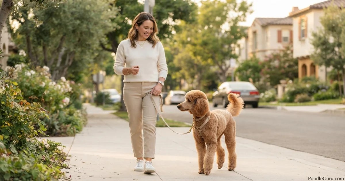 Owner practicing loose leash walking with Poodle using positive reinforcement