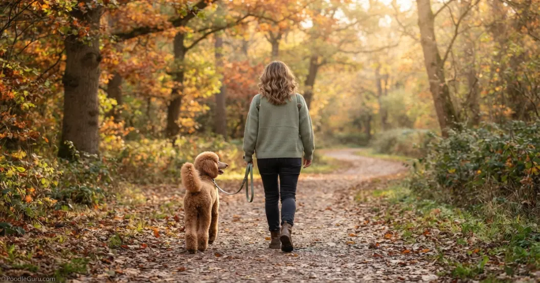 Poodle and owner walking peacefully on a loose leash after training