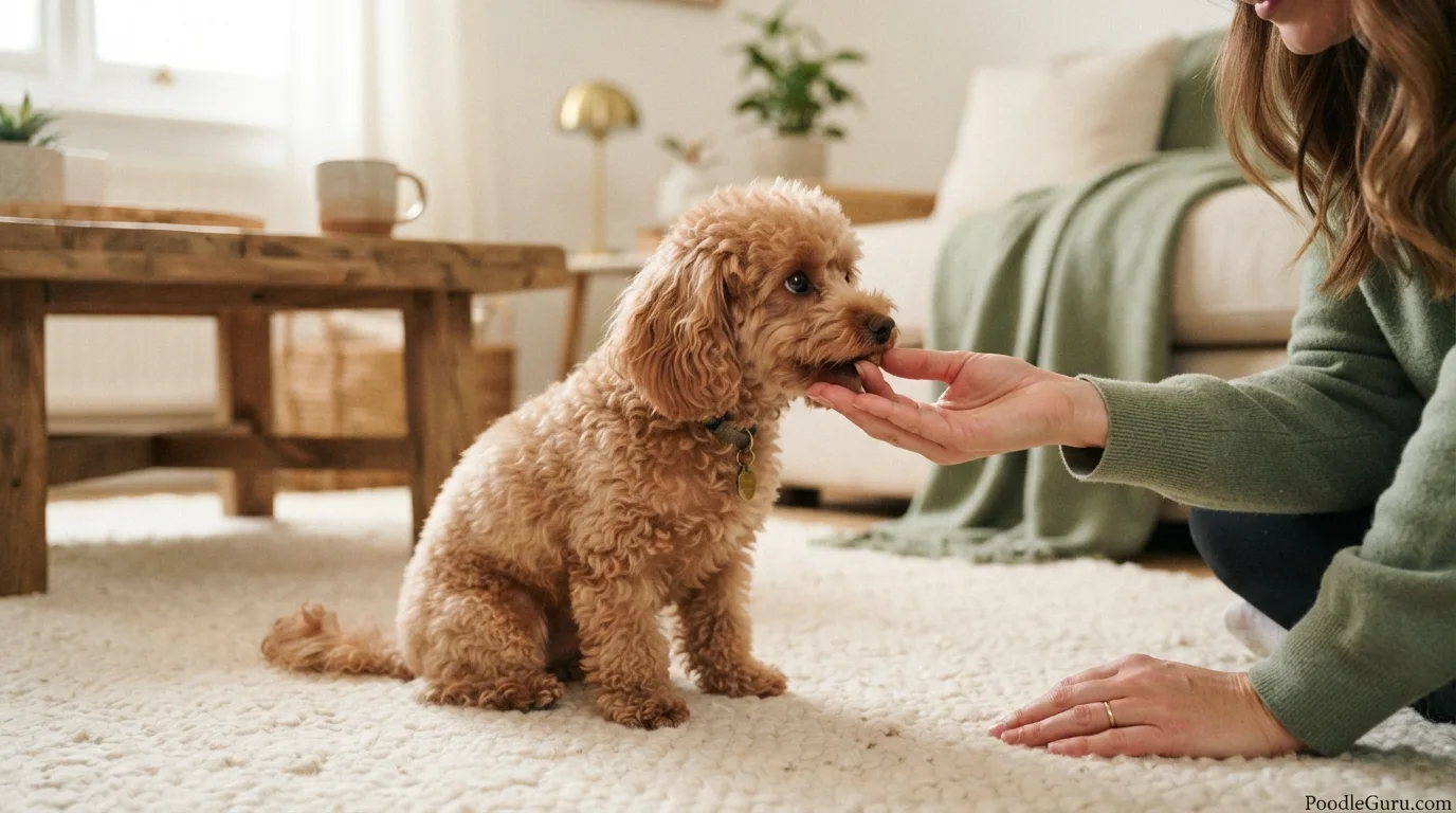 Toy poodle receiving a small low-calorie training treat from an owner's hand