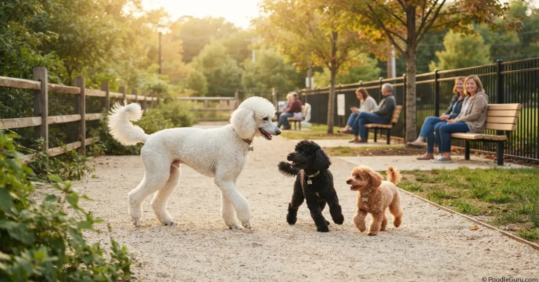 Poodles of different sizes socializing in a fenced city park with owners nearby