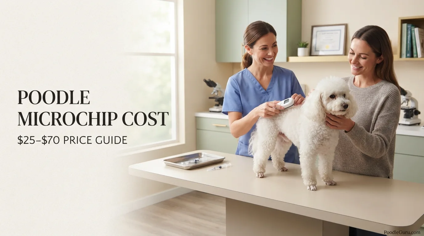 Poodle microchip cost guide showing a calm Miniature Poodle with a veterinarian and microchip scanner