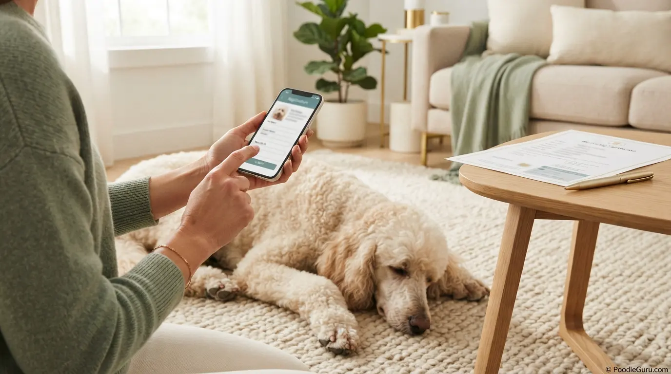 Owner registering a Standard Poodle microchip using a smartphone and chip certificate