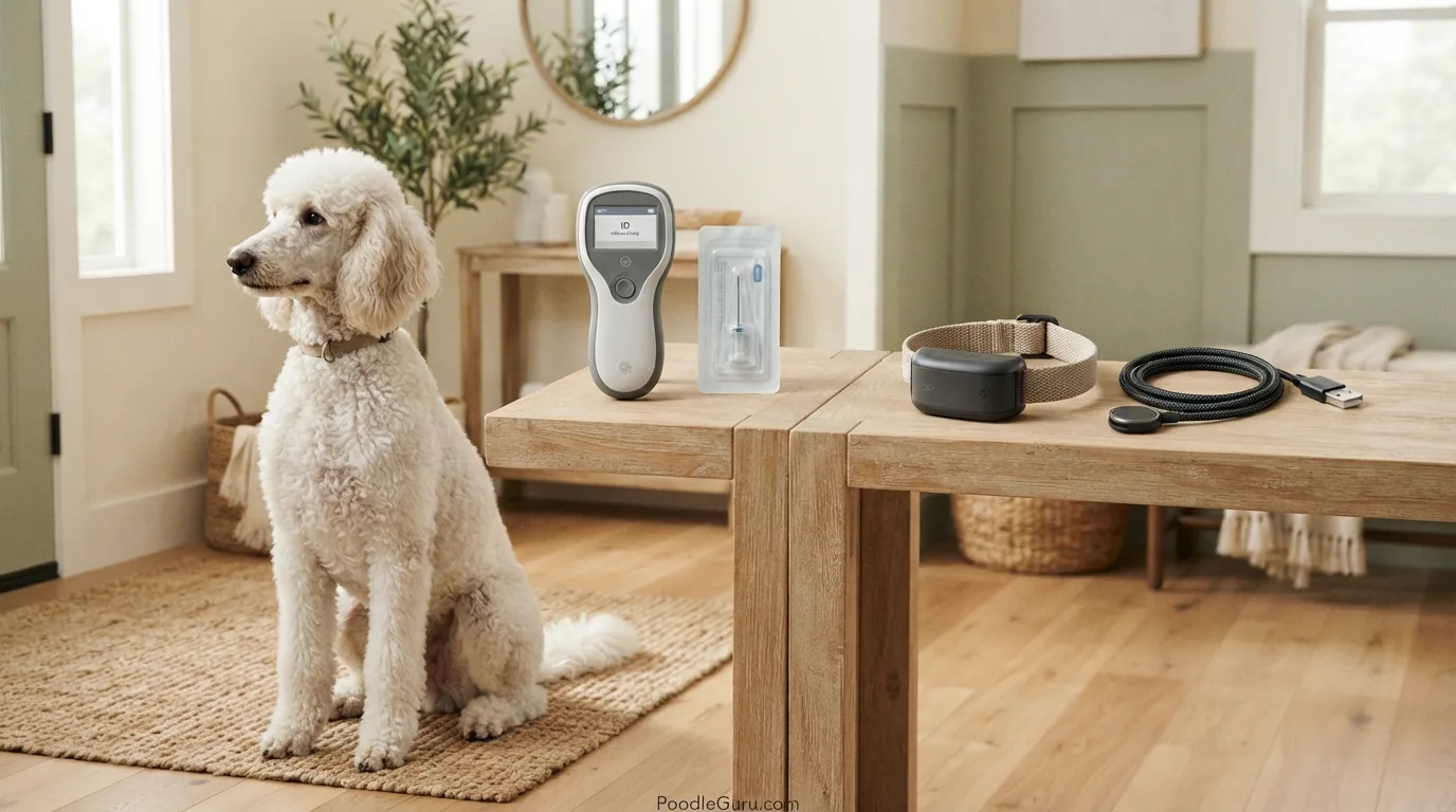 Standard Poodle beside a microchip scanner and GPS collar comparison setup