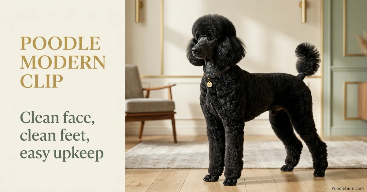 Black Standard Poodle in a poodle modern clip with clean face, clean feet, and uniform body length