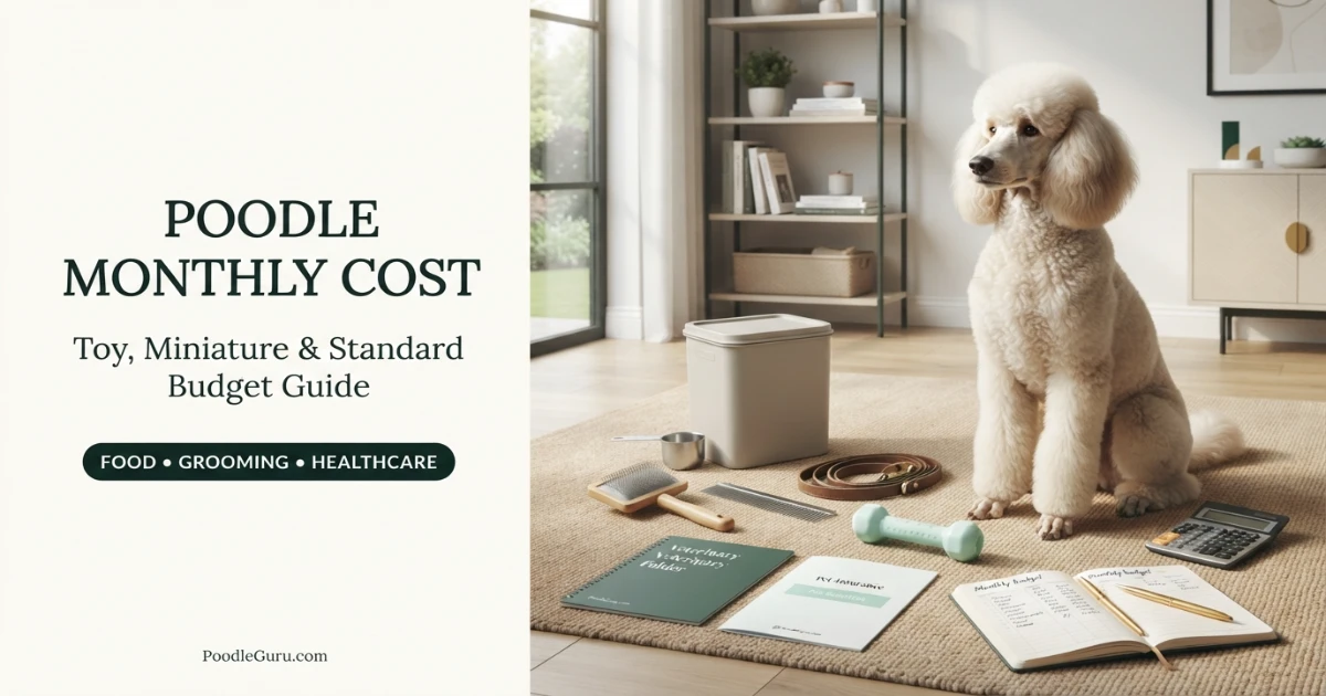 Poodle monthly cost guide with a Standard Poodle beside organized food grooming and healthcare budget essentials