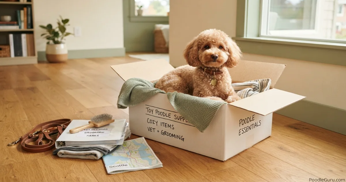 Toy Poodle in a moving box with grooming vet record and city park planning items