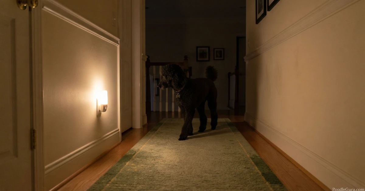 Night light helping a senior Poodle with dementia navigate the hallway