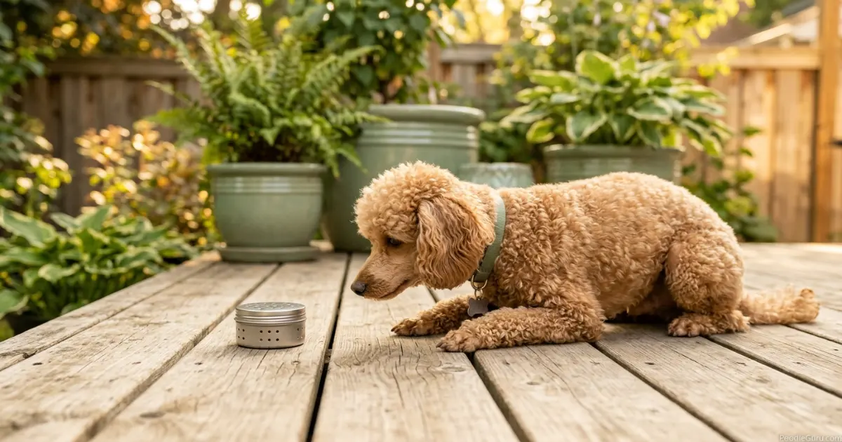 Miniature Poodle holding a focused freeze alert during poodle nose work training