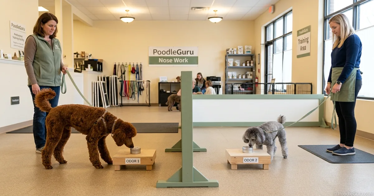 Two Poodles practicing nose work in a bright training facility with quiet handlers