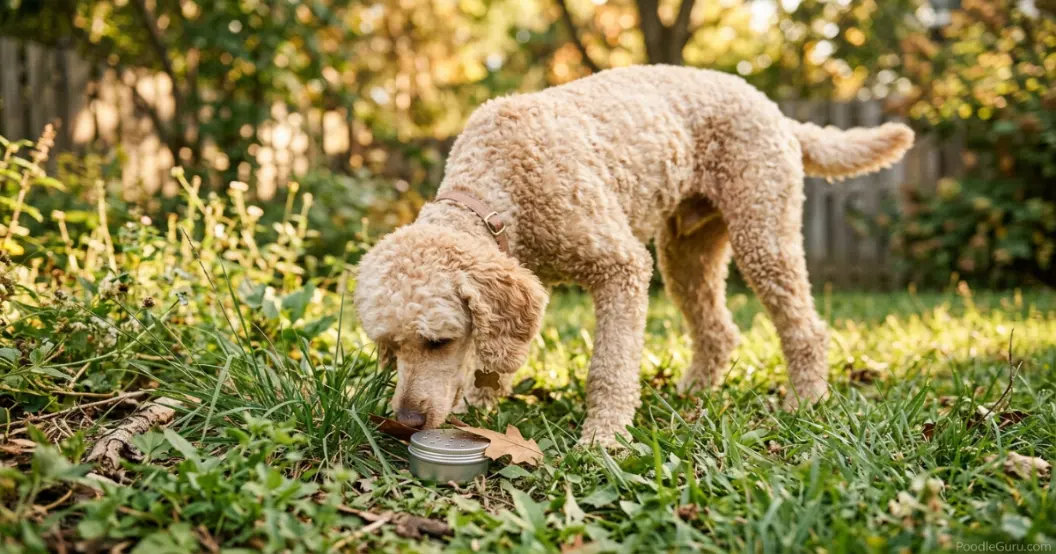 Standard Poodle engaged in poodle nose work training outdoors searching for a hidden scent tin in grass