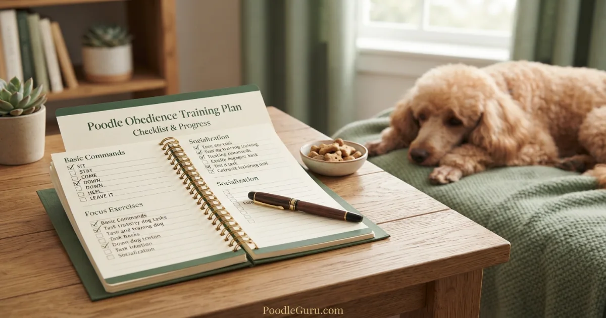 Training checklist and poodle-themed cookie on a desk