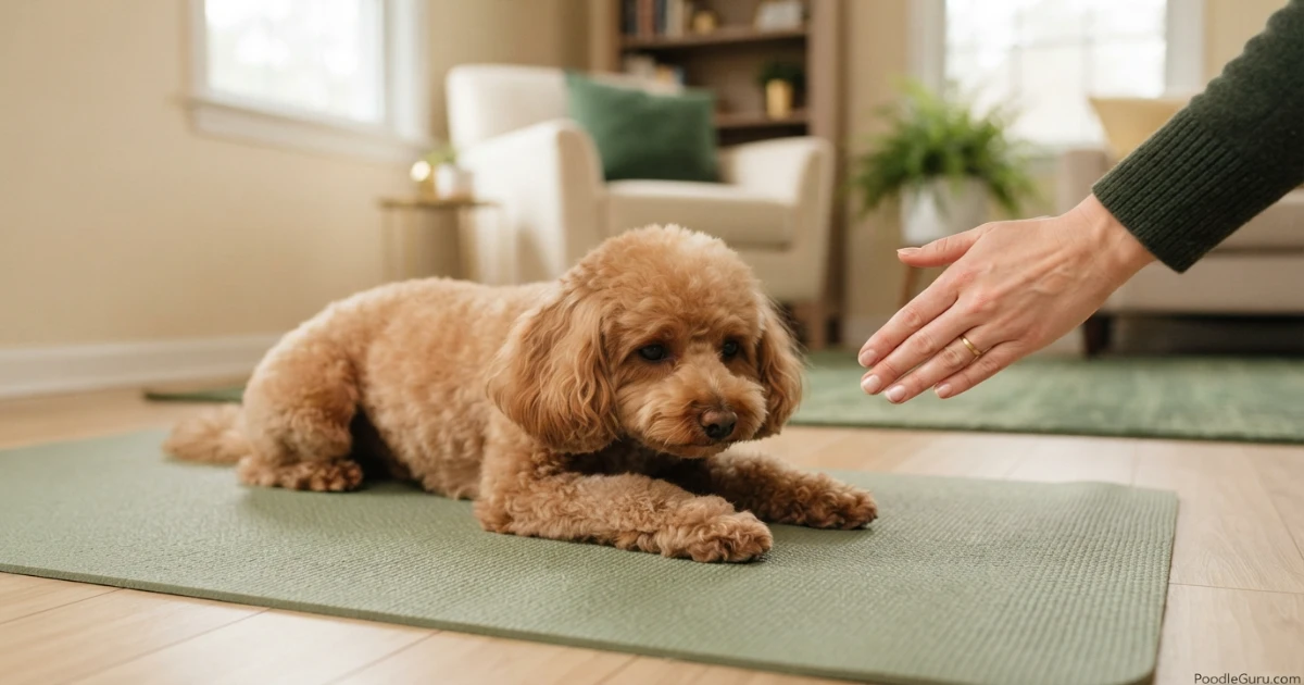 Toy Poodle lying down on a training mat during obedience practice