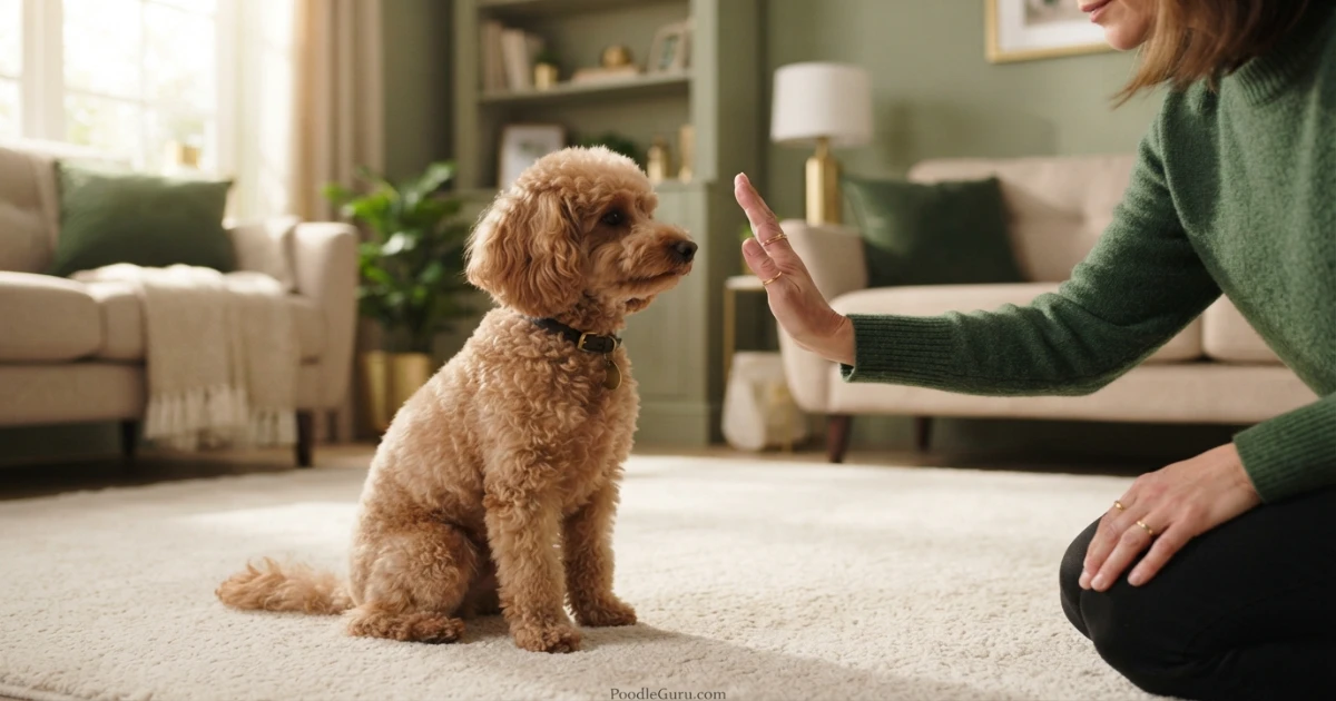 Hand giving stay signal to attentive Miniature Poodle during obedience training