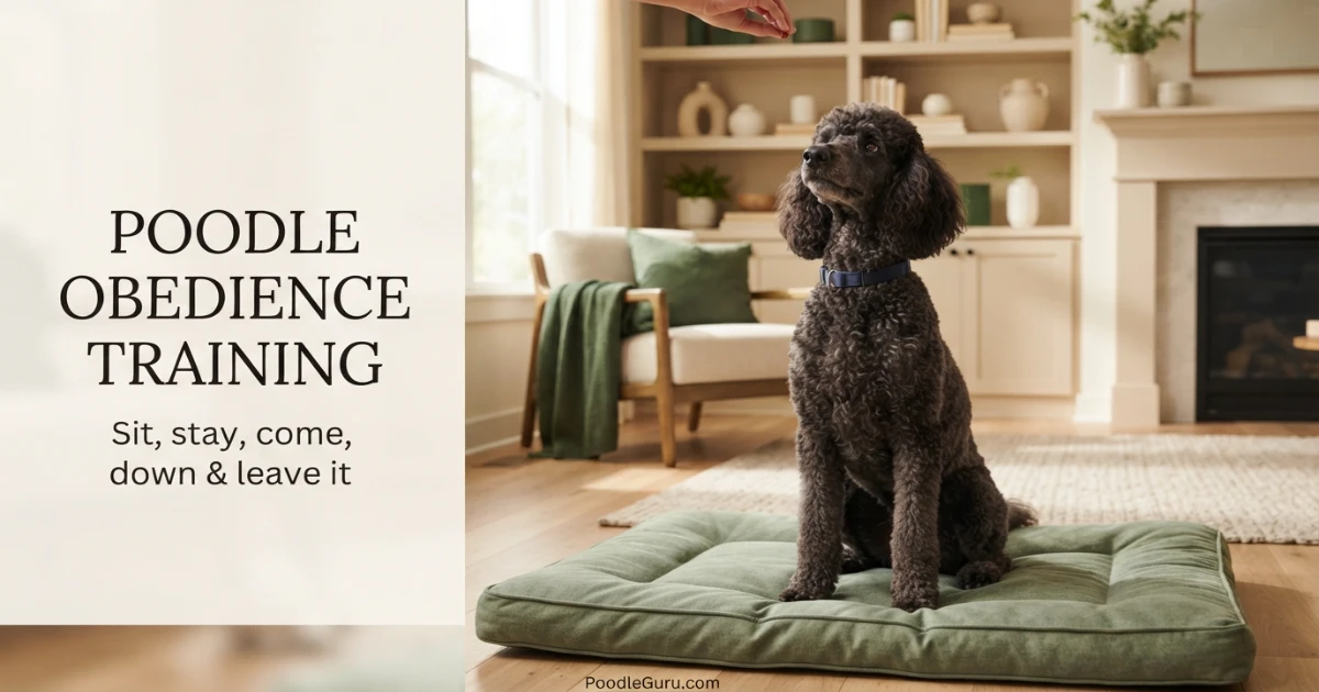 Standard Poodle sitting attentively during obedience training session in a bright living room
