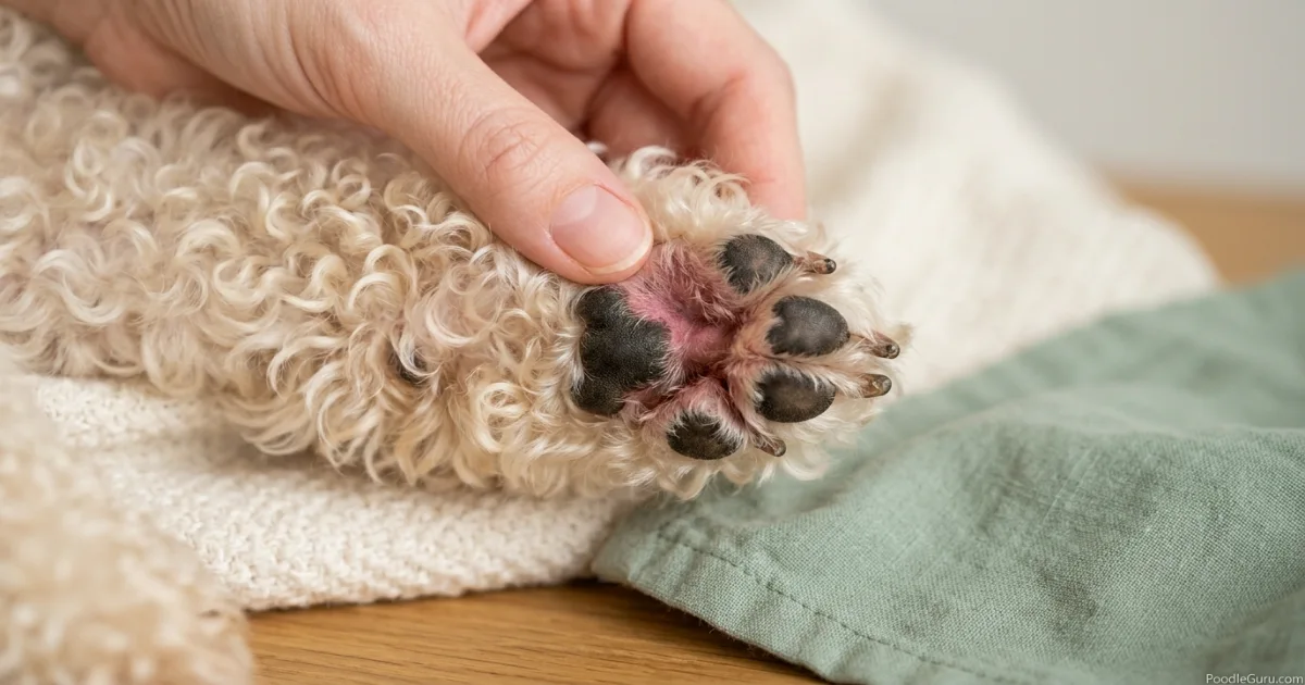 Toy Poodle paw with red irritated skin between pads — a classic location for poodle skin allergy symptoms