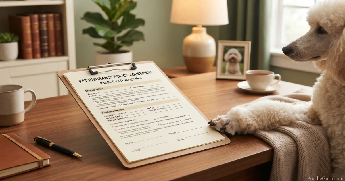 Poodle's paw resting on pet insurance documents, representing careful comparison of plans