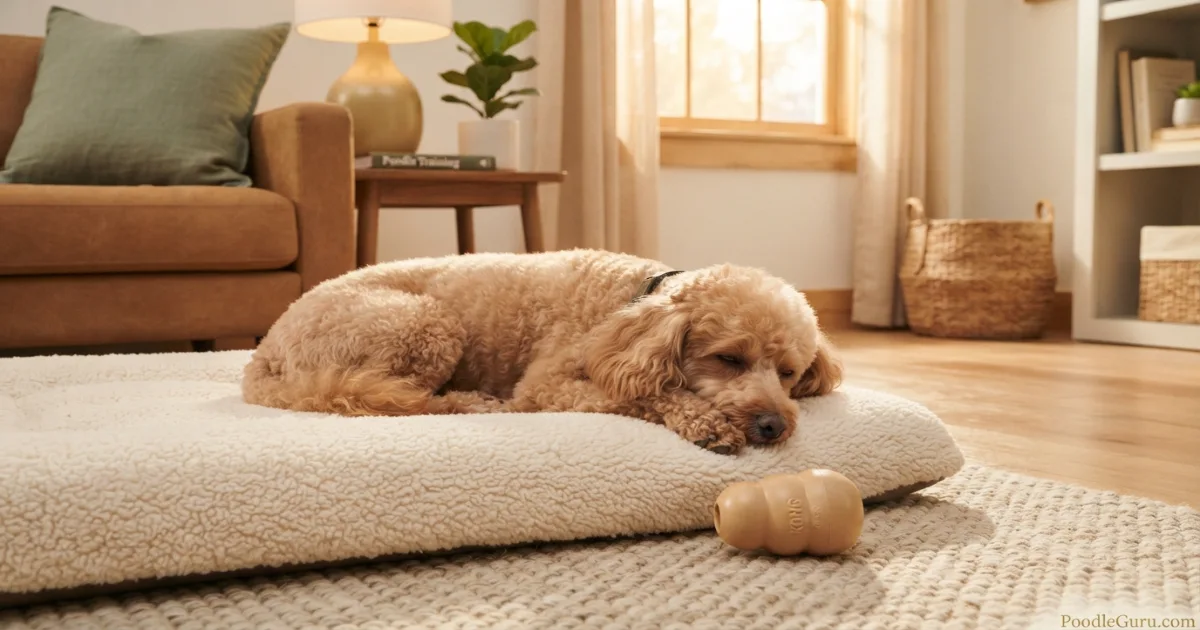 Content poodle resting on a cream bed with a chew toy, calm environment after resolving destructive chewing