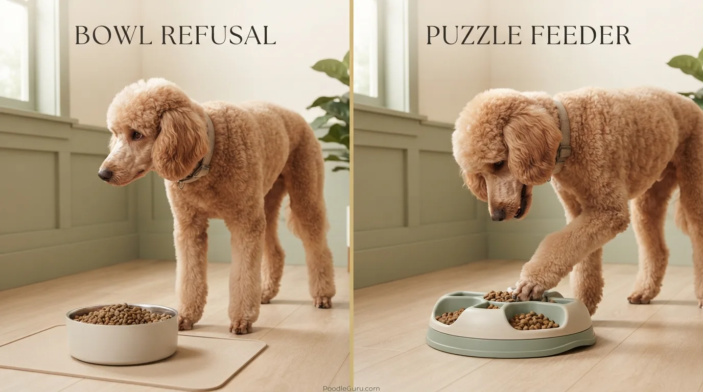 Split image comparing a poodle refusing plain kibble versus eagerly eating from a puzzle feeder