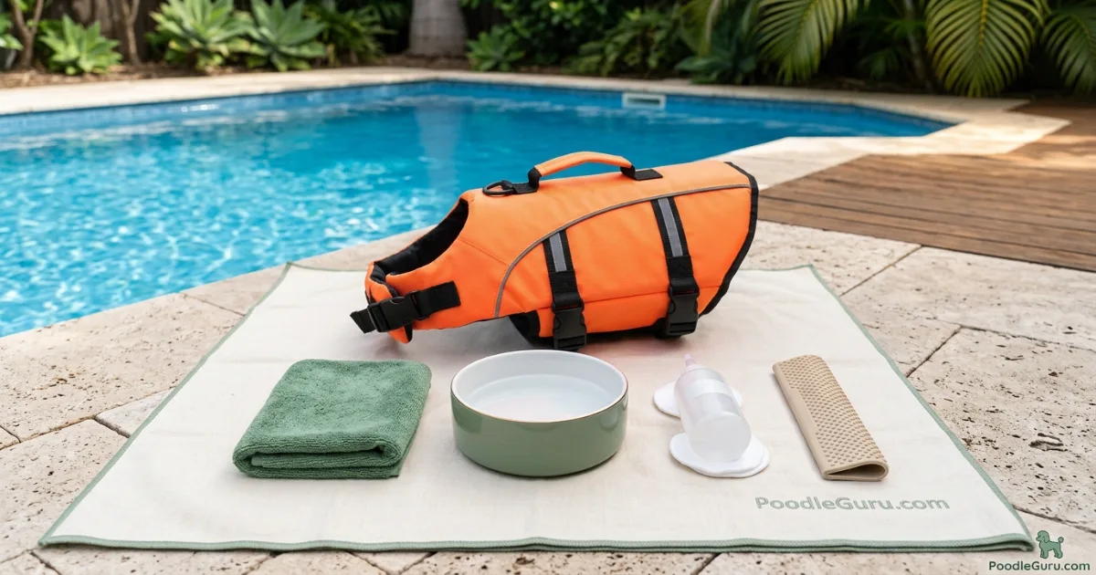 Poodle pool safety kit with life jacket ramp towel and ear drying supplies