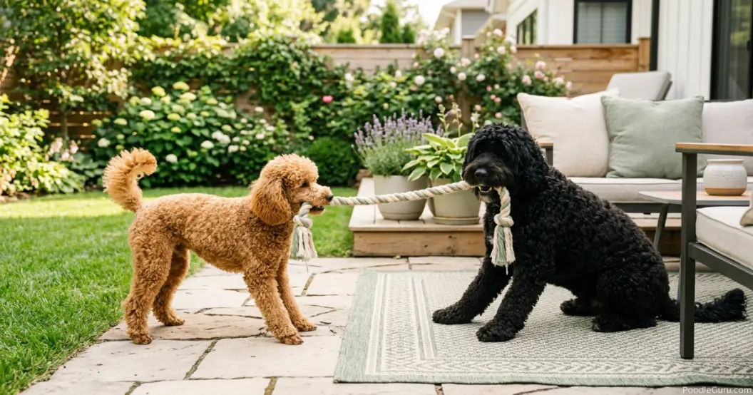 Miniature Poodle and Portuguese Water Dog playing tug in a backyard, showing size and personality contrast