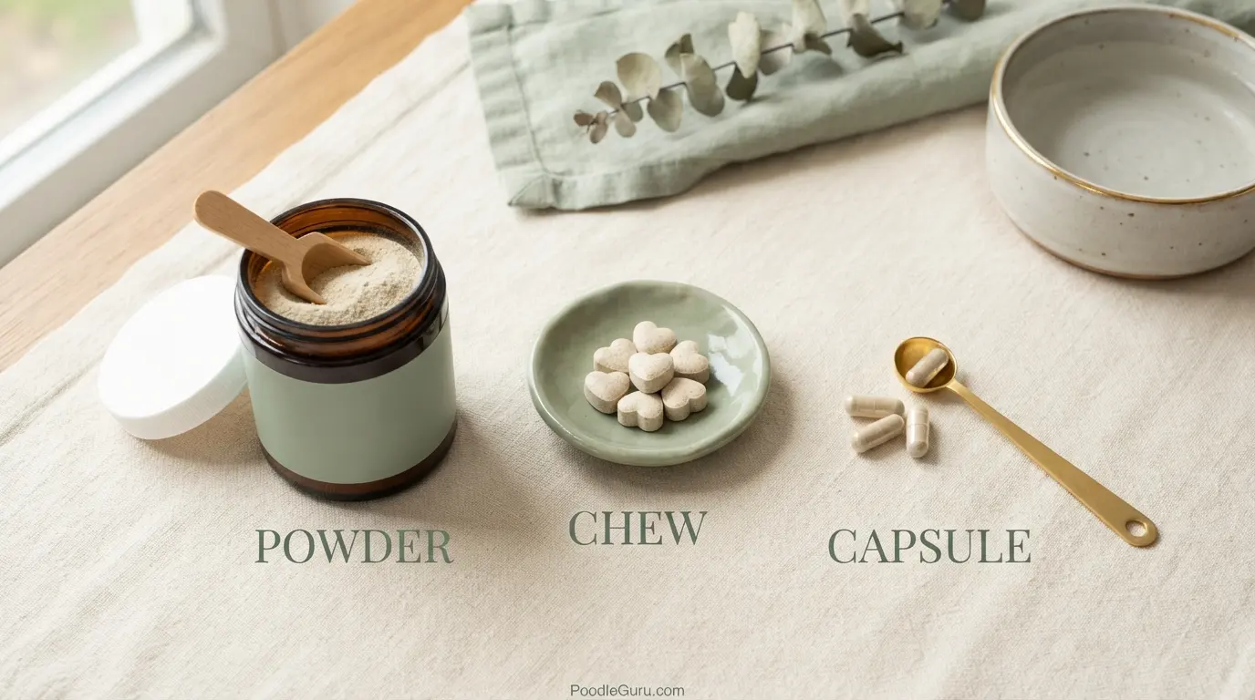 Dog probiotic powder chew and capsule formats for poodles