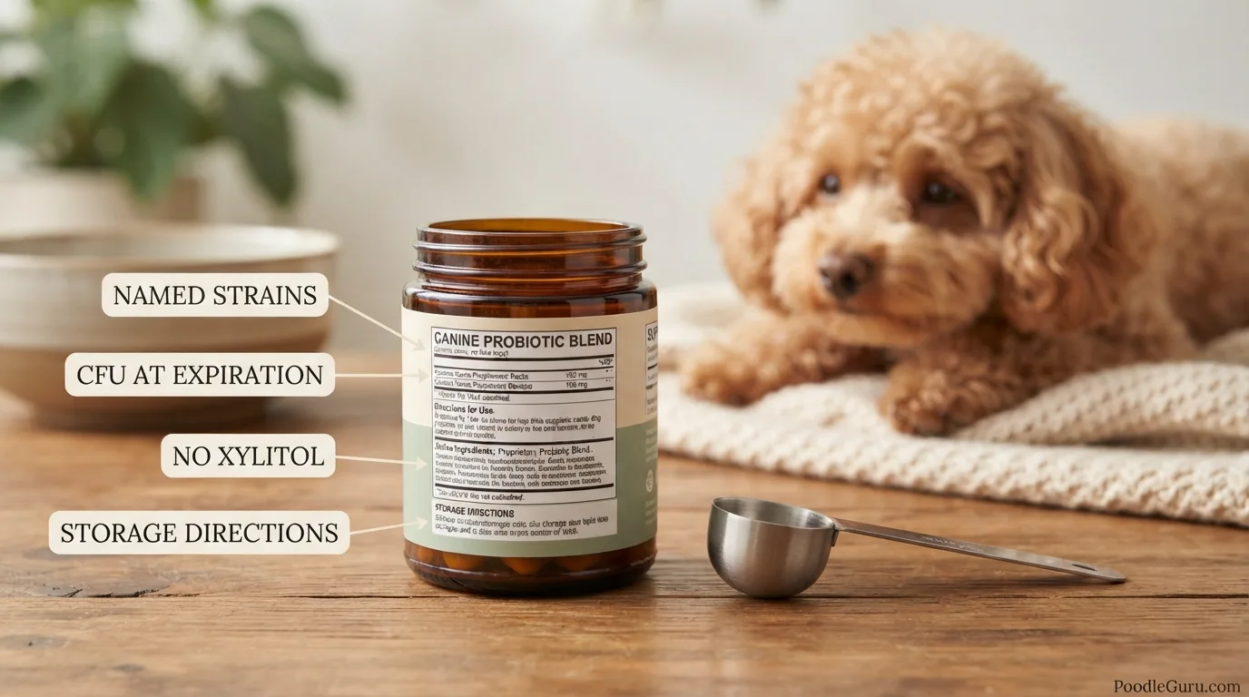 Dog probiotic label showing named strains CFU guarantee and no xylitol checks for poodles