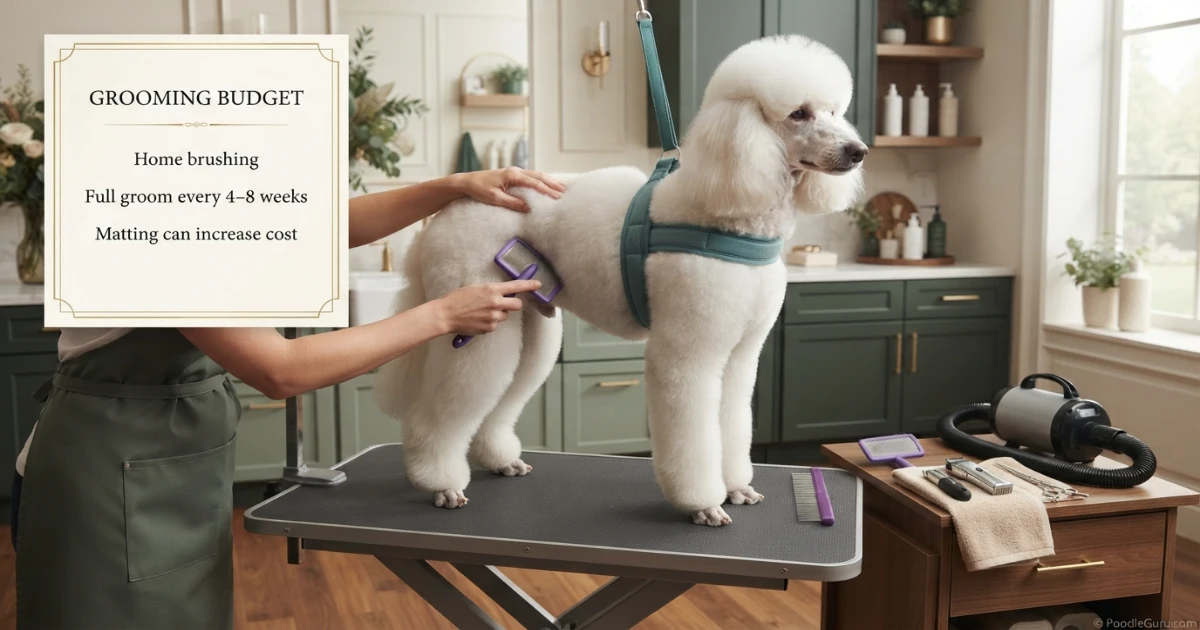 Standard Poodle receiving professional grooming with tools showing a major monthly ownership expense
