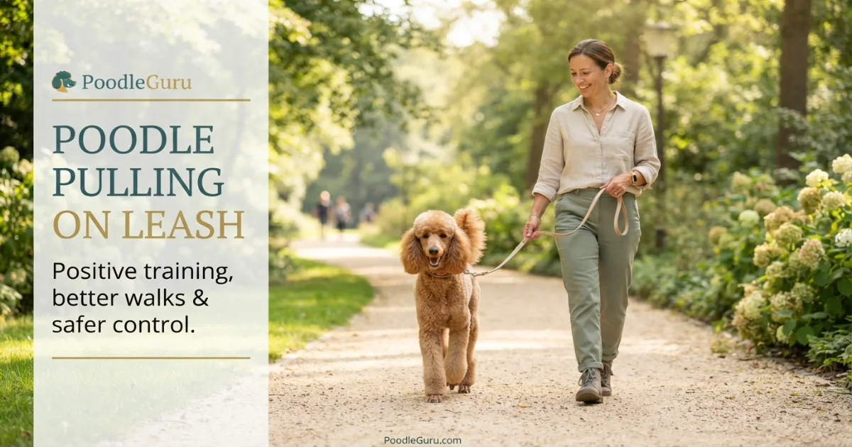 Poodle pulling on leash training guide with calm loose leash walking
