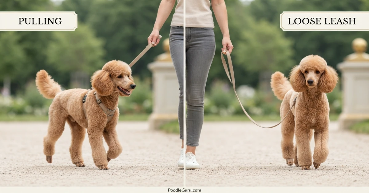 Poodle pulling on leash versus calm loose leash walking comparison