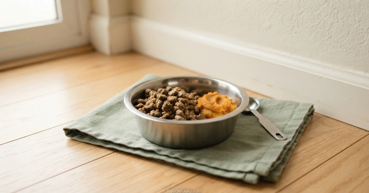 Dog bowl with moistened kibble and plain pumpkin for a constipated poodle