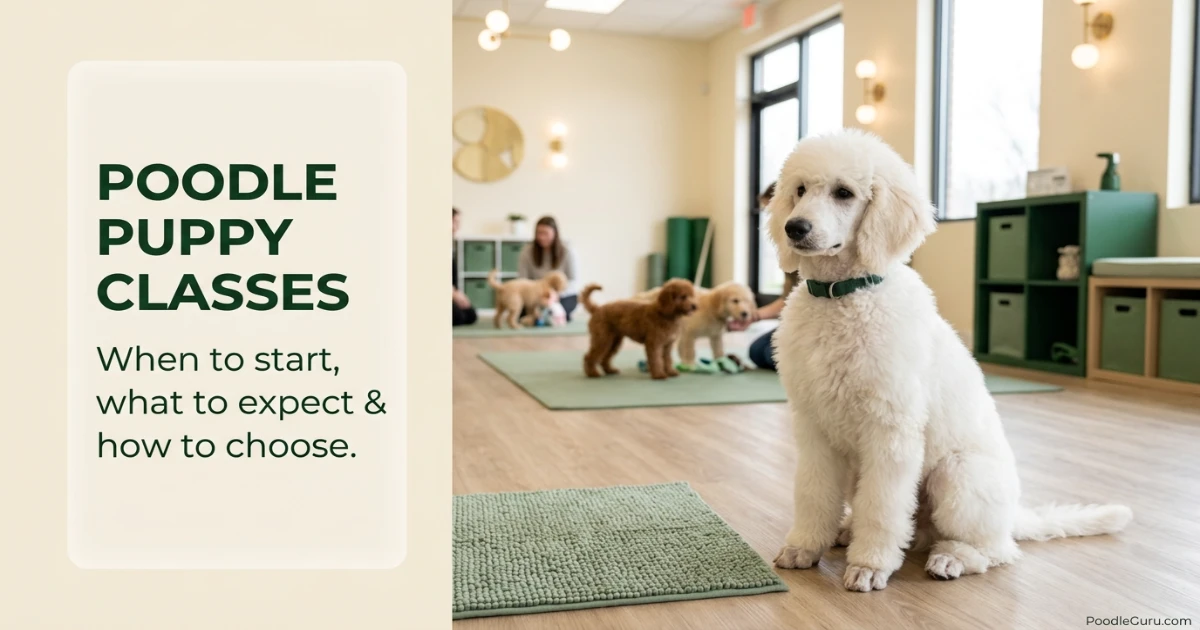 Poodle puppy classes with a Standard Poodle puppy in a calm positive reinforcement training room