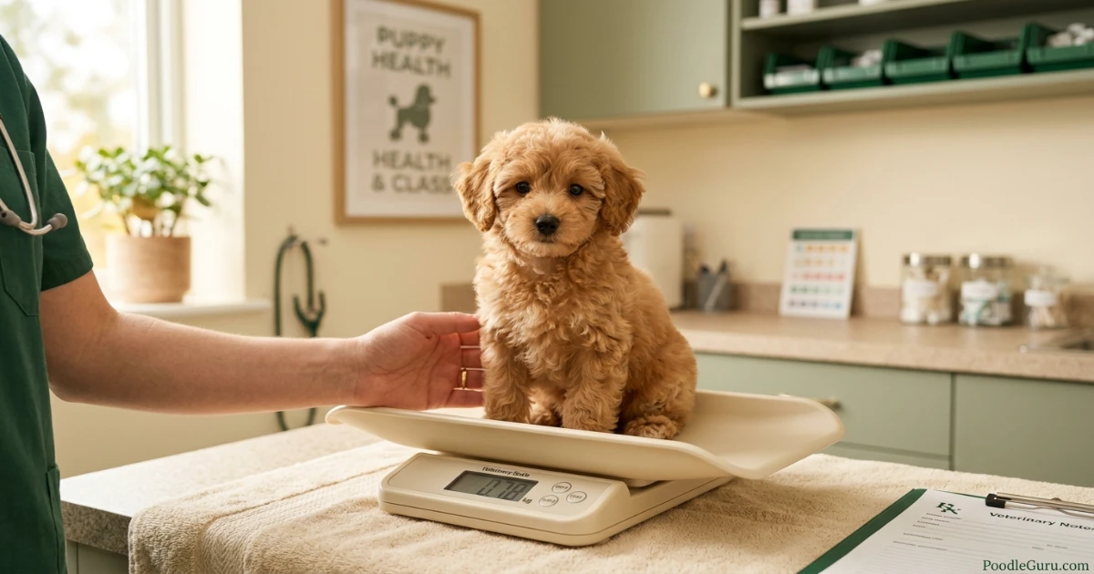 Miniature Poodle puppy practicing at home between poodle puppy classes